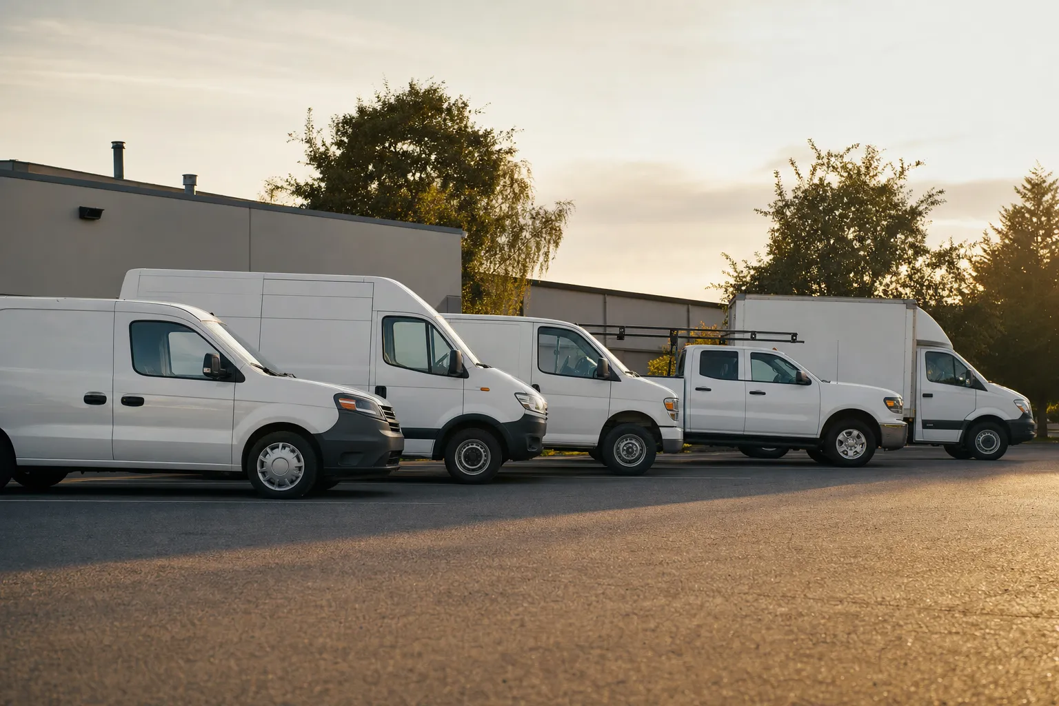 White work vans, a pickup and a box truck parked in a row at sunset