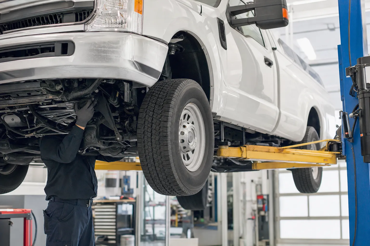 White work pickup raised on a vehicle lift during scheduled service