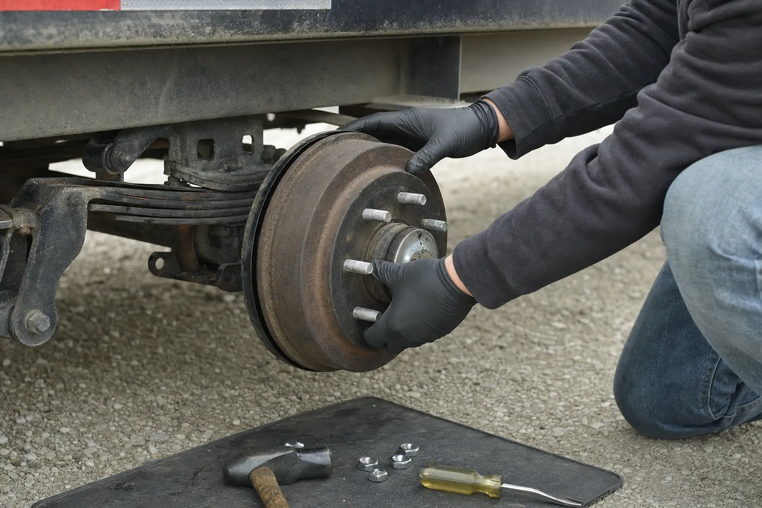 Technician inspecting the brake drum and hub of a utility trailer